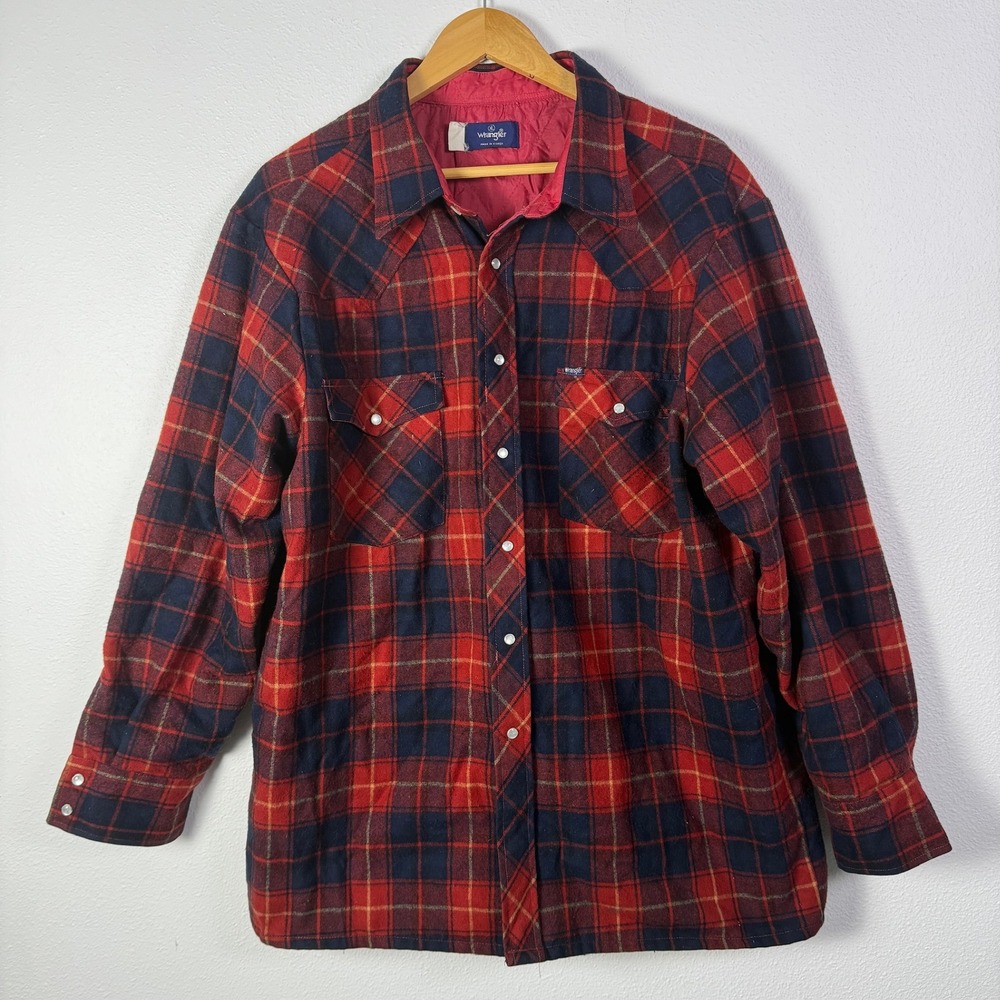 Vintage 80s Wrangler Shirt Jacket Mens XL Red Plaid Quilted Western Pearl Snap
